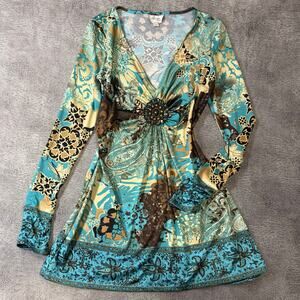 Y2k Paisley Beige Wrap Ornate Long Sleeve Blouse